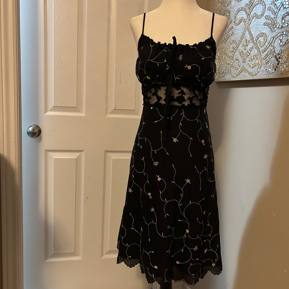 Vintage Betsey Johnson Black Embroidered Spaghetti Strap Dress